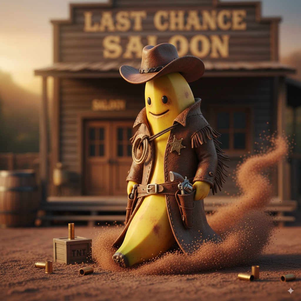 A cute, anthropomorphic banana dressed as a gunslinger, wearing a cowboy hat, leather trench coat, and holsters with revolvers, standing in front of a Last Chance Saloon with a dusty ground and sunset lighting.
